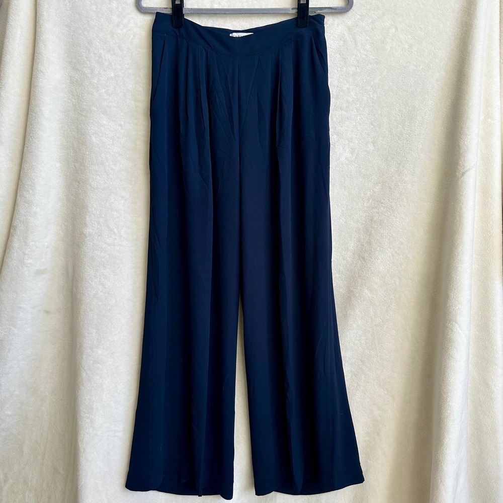 Carmen‎ Marc Valvo Navy Blue Pleated Side Zip Flowy Wide Leg Trousers 4